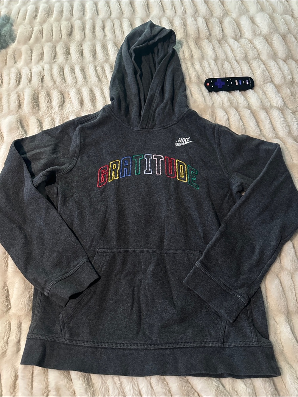 Nike Kids XL Hoodie Gratitude Gray embroidered Sweatshirt